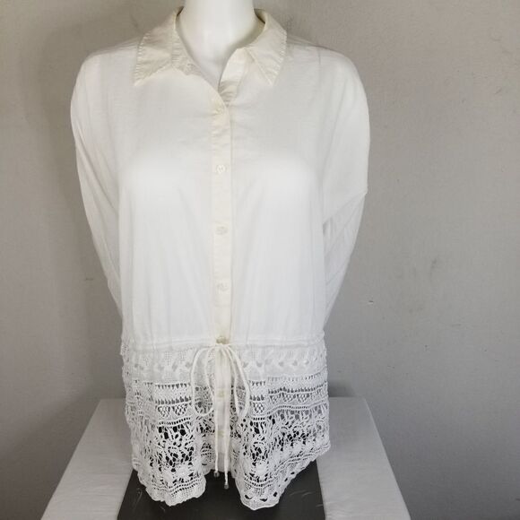 Chico's Lace Bottom Button Front‎ Collared White Blouse - Picture 1 of 11